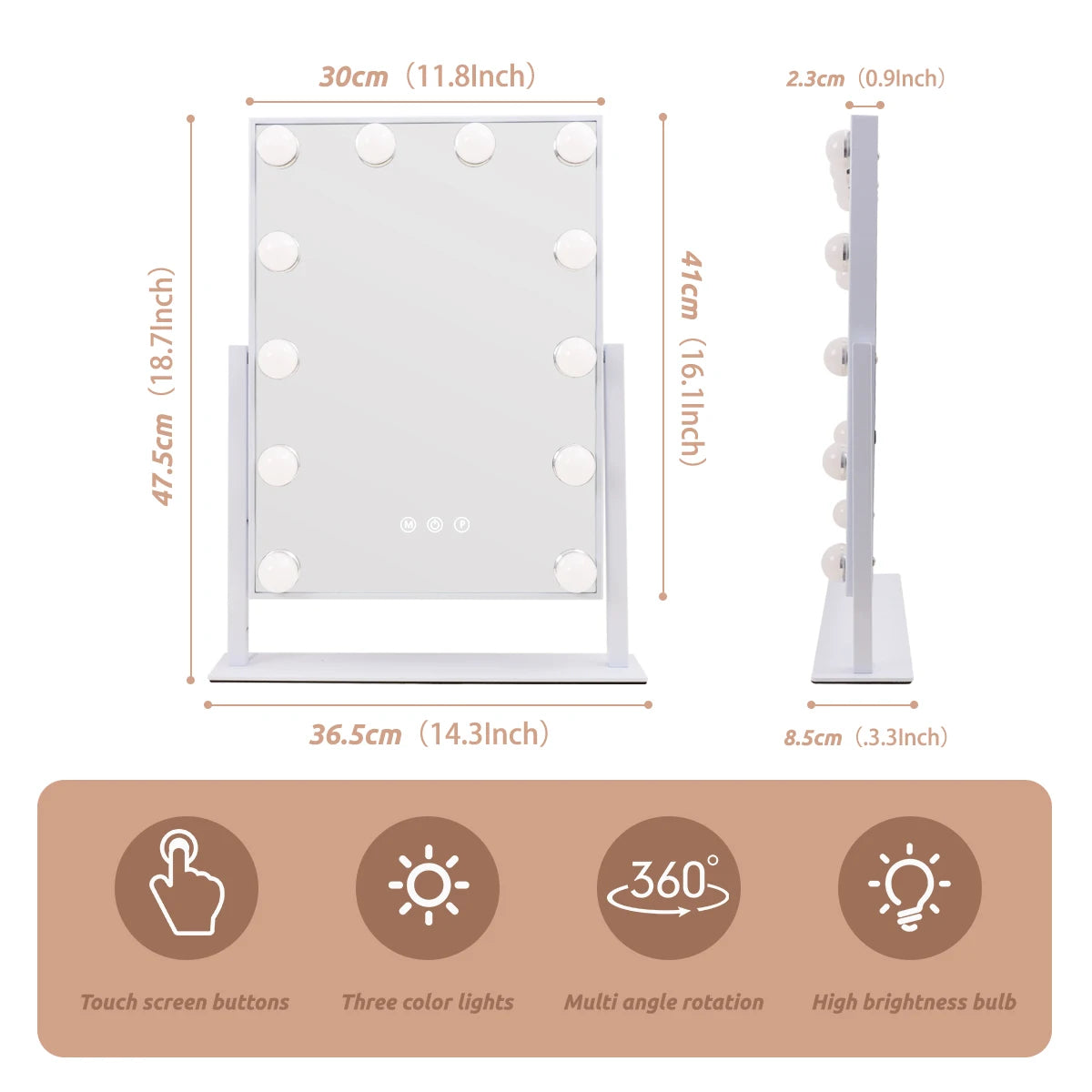 Hollywood Vanity Makeup Mirror – LED Lighted, 12 Dimmable Bulbs, 360° Rotation