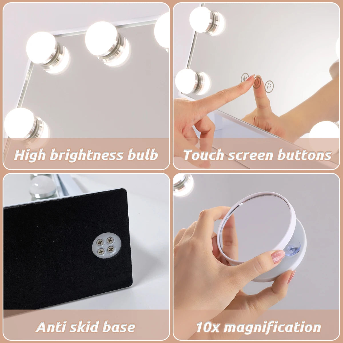 Hollywood Vanity Makeup Mirror – LED Lighted, 12 Dimmable Bulbs, 360° Rotation