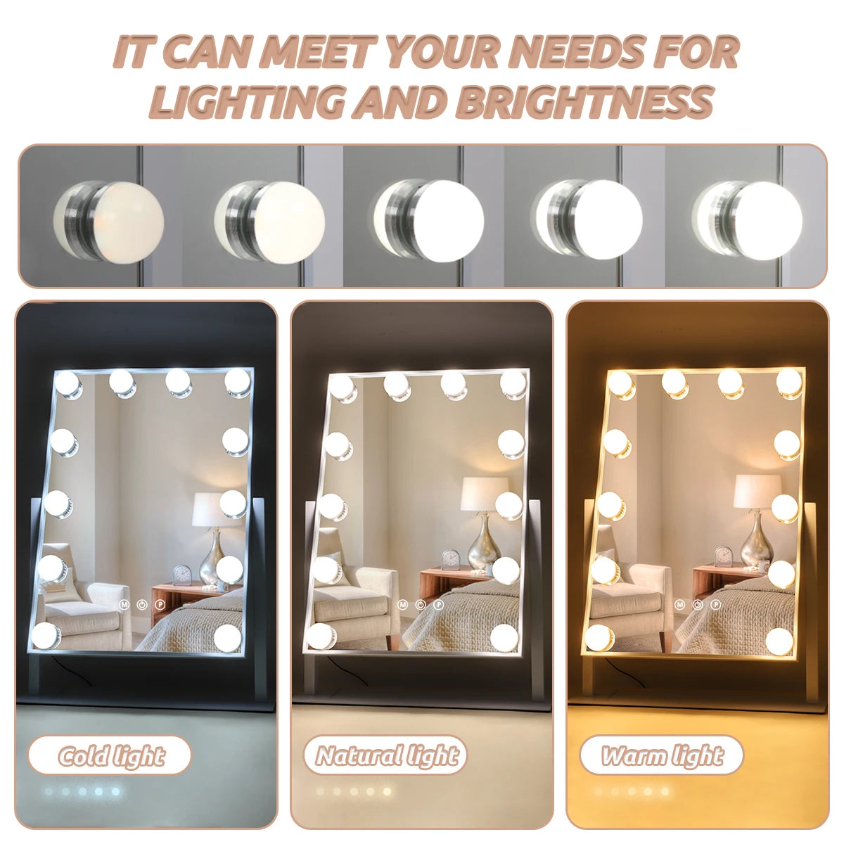 Hollywood Vanity Makeup Mirror – LED Lighted, 12 Dimmable Bulbs, 360° Rotation
