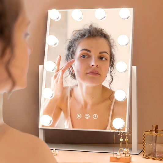Hollywood Vanity Makeup Mirror – LED Lighted, 12 Dimmable Bulbs, 360° Rotation
