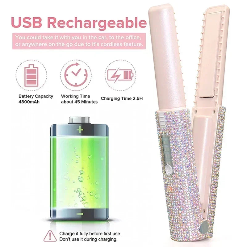 2-in-1 Electric USB Hair Straightener & Curler – Wireless Travel Styler Brush