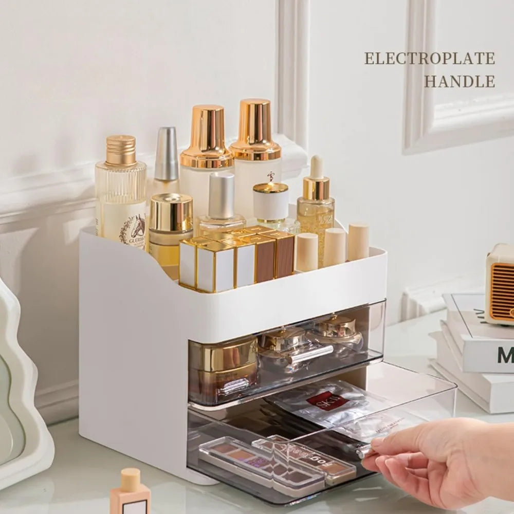 Pink Makeup & Skincare Organizer – 2-Drawer Vanity Storage Box with Cosmetic Display Case