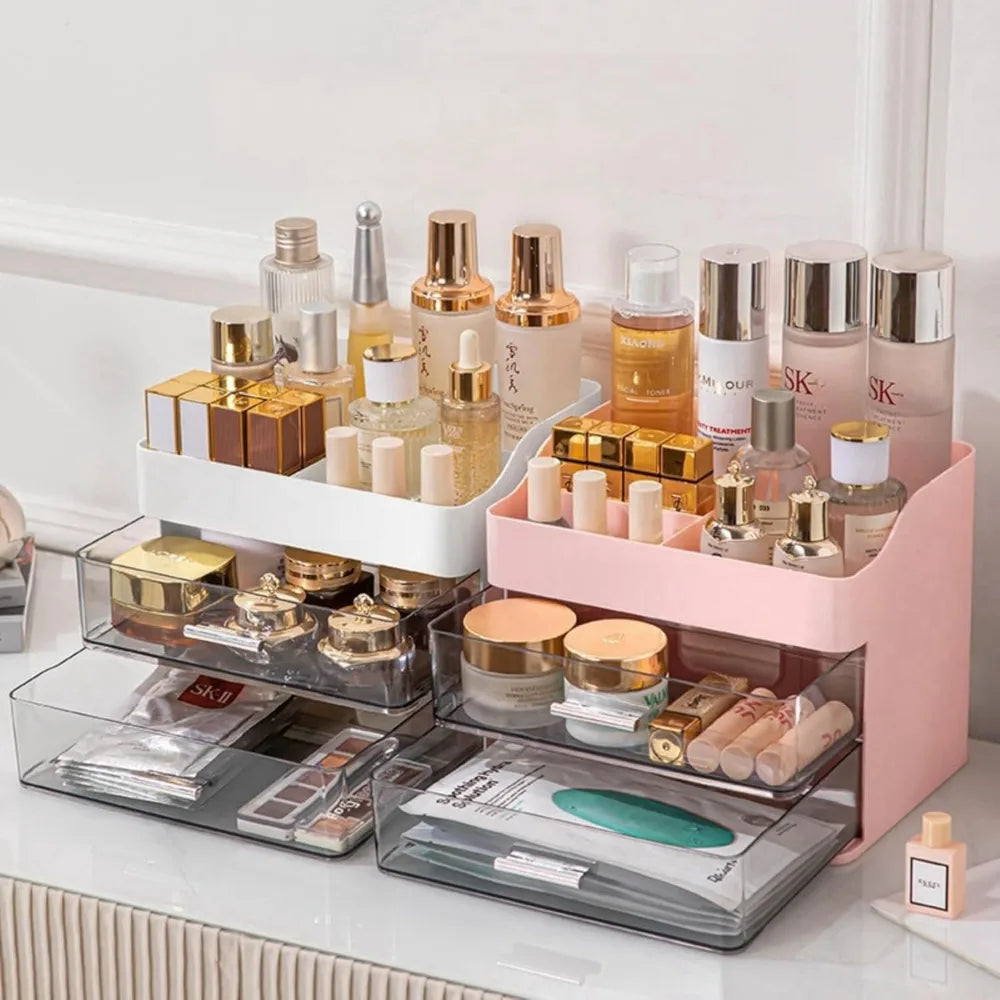 Pink Makeup & Skincare Organizer – 2-Drawer Vanity Storage Box with Cosmetic Display Case