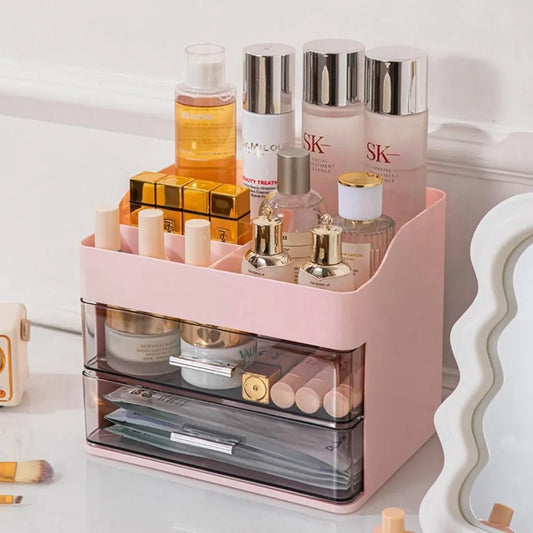 Pink Makeup & Skincare Organizer – 2-Drawer Vanity Storage Box with Cosmetic Display Case