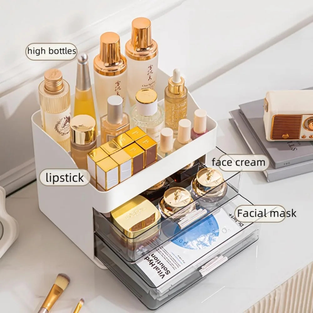 Pink Makeup & Skincare Organizer – 2-Drawer Vanity Storage Box with Cosmetic Display Case
