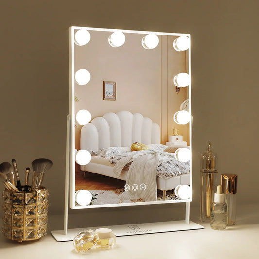 Hollywood Vanity Makeup Mirror – LED Lighted, 12 Dimmable Bulbs, 360° Rotation