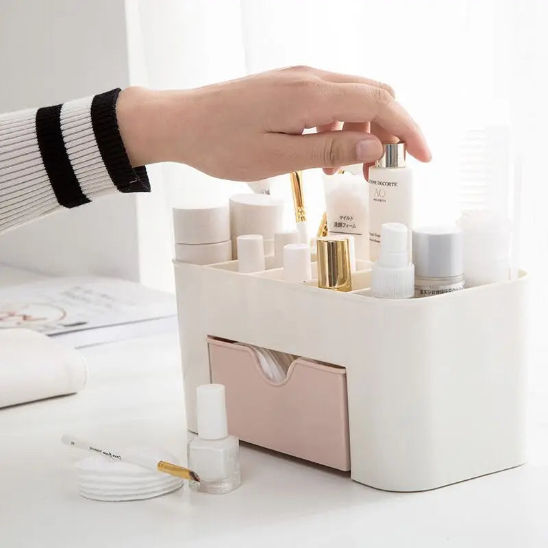 Acrylic Makeup Organizer – Storage Box with Drawer, Cotton Swab & Lipstick Holder