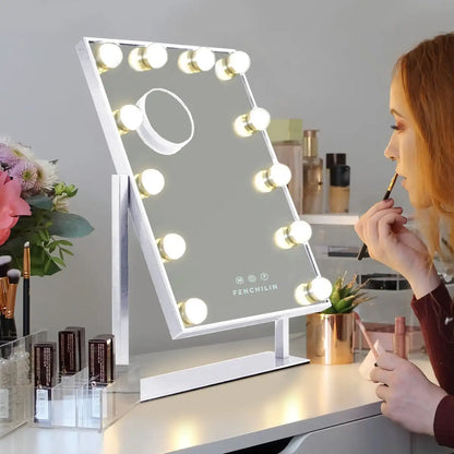 Hollywood Vanity Makeup Mirror – LED Lighted, 12 Dimmable Bulbs, 360° Rotation